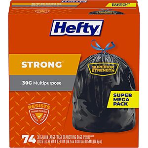 Hefty Strong Large Trash Bags, Black, 30 Gallon, 74 Count $13.29 or less