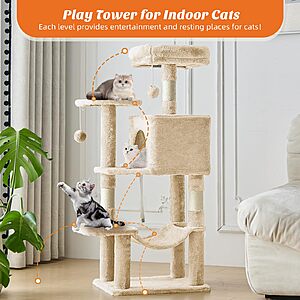 Sweetcrispy 44 Inch Cat Tree Tower, Cat Climbing Tower with Natural Sisal Scratching Posts, Hammock, Pet Condo for Indoor Cats and Kittens Play, Beige $29.92