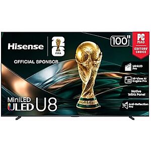 $2220.27* | Hisense 100" 100U8QG MiniLED QLED UHD 4K HDR TV (2025) + 10% Back w/ Prime Visa Card at Amazon