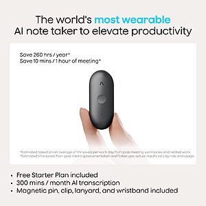 Plaud NotePin S AI Voice Recorder, Wearable AI Notetaker, AI Transcribe & Summarize, Support 112 Languages, 64GB Audio Recorder $151.99