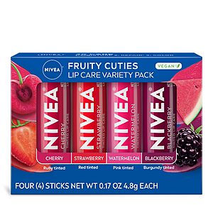 Prime, 4 pack NIVEA Lip Care, Fruity Tinted Lip Balm Variety Pack, Cherry, Strawberry, Blackberry and Watermelon Flavors, 3-in-1 Moisture, Repair and Color, $5.84