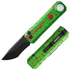 OKNIFE LK Folding Pocket Knife with Rechargeable Flashlight, 2-in-1 Button Lock 2.48" D2 Steel Pocket Knife with 400LM White & RGB Color Light, (Zombie Green) $36