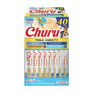 PRIME ONLY S&S $19.23 INABA Churu Cat Treats, Lickable, Squeezable Creamy Purée Cat Treat with Green Tea Extract & Taurine, 0.5 Ounces Each Tube, 40 Tubes, Tuna Variety Box