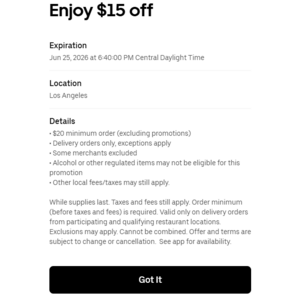 YMMV: Postmates $15 off $20+ (Los Angeles) $5