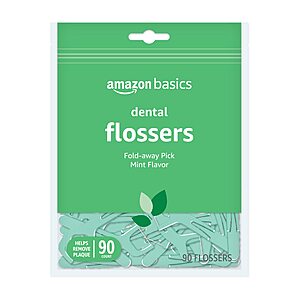 PRIME DAY S&S $2.50 Amazon Basics Mint Dental Flossers, Shred Resistant, Slides Easily Between Teeth, with Fold-Away Pick, 90 Count,