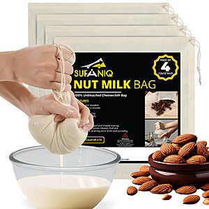 [Prime] 4-Pack 12"x12" SUFANIQ 100% Unbleached Cotton Cheese Cloth Nut Milk Bag (Beige)   $3.39 + Free Shipping