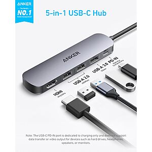 Amazon Prime - Anker USB C Hub, 5-in-1 USB Hub for Laptops, 4K HDMI USB-C Multiport Adapter with 90W Max Power Delivery, 3 USB A Data Ports USB C Dongle - $9.99
