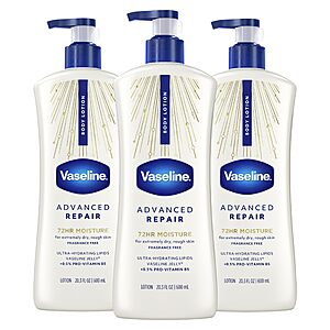 (Prime, S&S) Vaseline Intensive Care Unscented Advanced Repair Body Lotion - Ultra-Hydrating with Lipids for Extremely Dry Skin, 20.3 oz, Pack of 3 $15.1