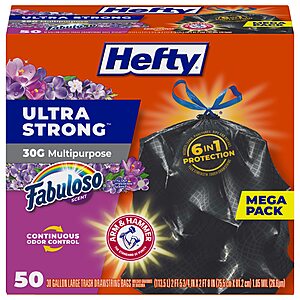 Prime: 50-Count 30-Gallon Hefty Ultra Strong Large Trash Bags (Black, Fabuloso Scent) $11.33 w/ S&S + Free Shipping