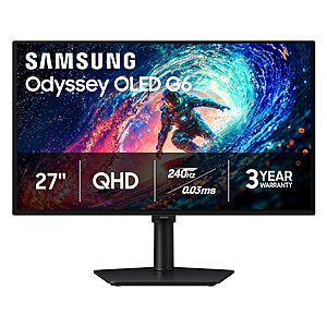 Samsung 27" Odyssey OLED G6 (G61SH) Gaming Monitor - QD-OLED, QHD (1440P), 240Hz, 0.03ms $384.99