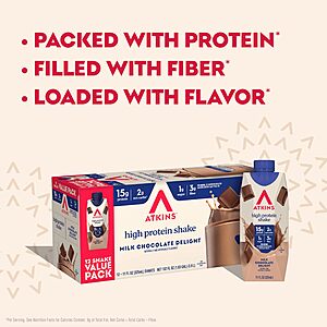 Atkins Milk Chocolate Delight High Protein Shake, 15g Protein, 2g Net Carb, 1g Sugar, Keto Friendly, Chocolate Flavored Protein Shakes, 12 Count $12.89