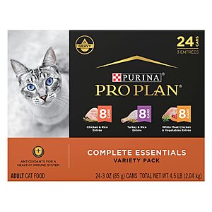 PRIME $28.96 or less S&S Purina Pro Plan Gravy, High Protein Wet Cat Food Variety Pack, Complete Essentials Chicken and Turkey Favorites - (Pack of 24) 3 oz. Cans AMZ