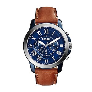 Fossil Men's Watch, Grant Quartz Stainless Steel and Leather Chronograph Watch for Men, Color: Silver/Blue, Luggage