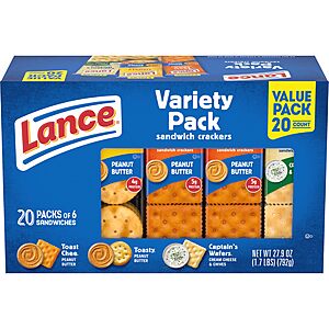 Lance Sandwich Crackers, Variety Pack, 3 Flavors, 20 Individually Wrapped Packs, 6 Sandwiches Each~$2.67 After Coupon & 15% S&S @ Amazon