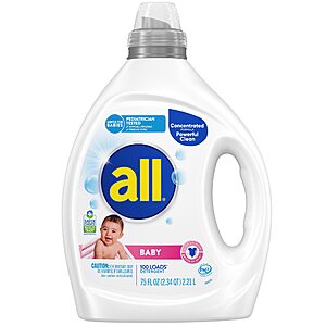 PRIME S&S $13.29  all Baby Laundry Detergent Liquid, 75oz, 100 Loads, Hypoallergenic & Dye Free, Gentle on Sensitive Skin