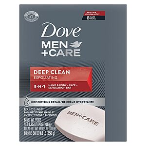 Dove Men+Care Men's Bar Soap Deep Clean 8 Bars More Moisturizing Than Bar Soap 3.75 oz~$8.49 With S&S @ Amazon