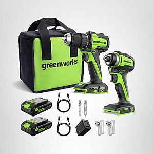 Greenworks 24V Cordless Brushless 400 in-lbs Drill/Driver+1950 in-lbs Impact Driver Combo,High Torque, Lightweight, (2) 2.0Ah USB-C Batteries $109.99