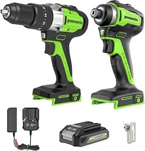 YMMV Greenworks 24V Brushless 2PCS Cordless Power Tool Combo Kit, 1950 in-lbs Impact Driver and 530 in-lbs Hammer Drill, with a 2Ah Battery $93.99