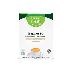 [Prime] 50-Count Amazon Fresh Espresso Medium Roast Aluminum Capsules Compatible w/ Nespresso Original Brewers $6.82 w/ S&S + Free Shipping