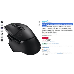 Logitech G502 X Lightspeed Wireless Gaming Mouse - $105