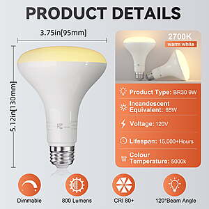 $23 WALMART+ Shipped by DAYBETTER 12 Pack BR30 Led Bulbs 65W Equivalent, Dimmable Indoor Flood Lights Bulb, E26 Base, 2700K Soft White, 9W,
