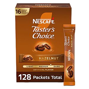 [S&S] $27.07: NESCAFÉ Taster's Choice Instant Coffee Packets, Hazelnut Flavored Coffee, 8 Boxes (128 Packets)