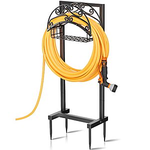 Gayuteay Garden Hose Holder – Water Hose Reel Stand with Storage Basket Holds 151ft, Heavy Duty Freestanding Garden Hanger Storage Rack for Outside Yard Lawn Farm $28.47