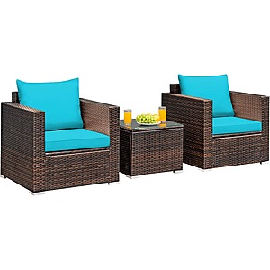 Tangkula 3 PCS Rattan Patio Furniture Set w/Washable Cushion and Tempered Glass Tabletop $136 + Free Shipping