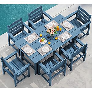 SERWALL 7-Piece Patio Dining Table Sets, Outdoor HDPE Dining Furniture Set with Umbrella Hole Cut-Out Table and 6 Chairs, Blue $617.49