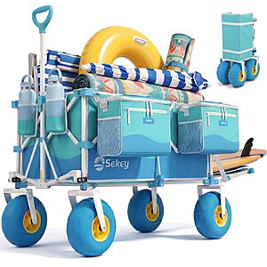 Sekey Heavy Duty Beach Wagon with 9" Big Sand-Proof Wheels, 300L Oversized Foldable Beach Cart with Cooler| Adjustable Handle & Balloon Tires for Sand, Camping,Vacation $159.99