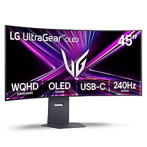 LG 45GX900A-B 45-Inch Ultragear WQHD (3440 x 1440) OLED Curved Gaming Monitor, 240Hz, 0.03ms, NVIDIA G-Sync, VESA DisplayHDR True Black 400 65W, Black $884.99