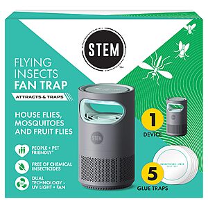 [Prime] STEM Flying Insect Fan Trap for Indoor Bug Contro Plug-in Fan with UV Light, Starter Kit Includes 1 Device and 5 Glue Traps $14.34