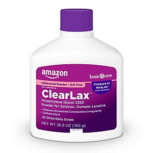 PRIME DAY $13.76 S&S Amazon Basic Care ClearLax (Generic Miralax) Polyethylene Glycol 3350 Powder for Solution, Osmotic Laxative  Unflavored, 1.68 pound