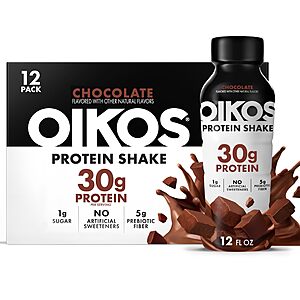 Prime Oikos Protein Shake, Chocolate 30g High Protein Drinks, 5g Prebiotic Fiber, 12 fl oz Bottle, 12 Count​ subscribe and save $18.5