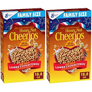Honey Nut Cheerios, Heart Healthy Gluten Free Breakfast Cereal with Whole Grain Oats, Family Size, 18.8 oz (Pack of 2)~$5.38 With S&S @ Amazon