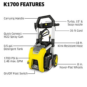 [Prime] Kärcher Pressure Washer K1700, CETA Certified, 3 Spray Nozzles, Detergent Tank, for Cars, Driveways, Siding, Patios, 1.2 max. GPM $104.47