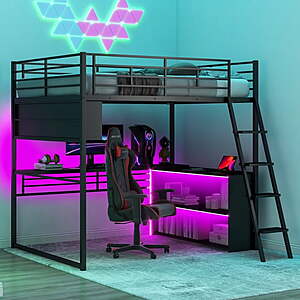 Euroco Full Size Metal Loft Gaming Bed w/ Desk & LED Light (Black/Full) $160.00 + Free Shipping