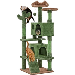PRIME DAY $37.13 Yaheetech Cactus Cat Tree, 54in Tower w/Ramp, Animal-Ear Shaped Perch, Scratching Posts, Platform & Hanging Ball, Multi-Level Condo