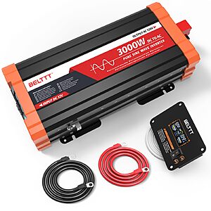 BELTTT 3000W Pure Sine Wave Inverter 12V DC to 120V AC for Solar, Off-Grid with Dual AC, 20A Socket, 5V 2.1A USB, Hardwire Port, Remote Controller 23Ft Cable $195.49