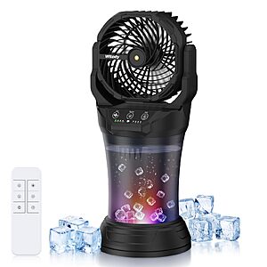 Wilody Misting Fan Portable Camping Fan Battery Powered with Remote Control, RGB Ambient Light with 2L Bucket, Battery Indicator, 120° Auto Oscillating (Black) $59.99