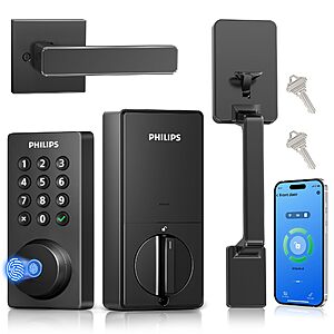Prime Members: Philips Wi-Fi Smart Door Lock with Handle Set, Fingerprint Keyless Entry w/ App Remote Control, IP53 Waterproof, Auto Lock, Easy Installation $119.99