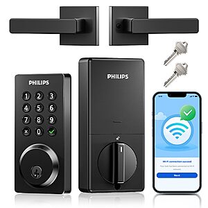 Prime Members: Philips Wi-Fi Smart Door Lock with Handle, Smart Deadbolt Auto Lock, Support Alexa & Google, IP54 Waterproof $99.99
