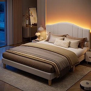 Pinmoco Queen Upholstered LED Platform Bed Frame w/ Adjustable Arc-shaped Headboard (Beige) $109.99 + Free Shipping
