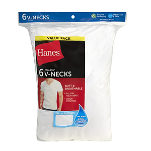 Hanes Men's Cotton V-Neck Undershirt Pack with Odor Control, Moisture-Wicking, 6-Pack - from $12.72