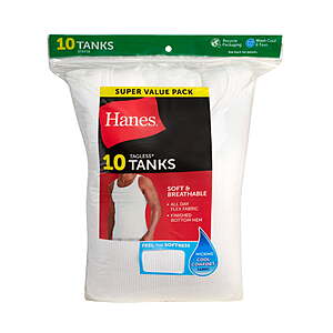 Hanes Men's Tank Tops Undershirt, Moisture-Wicking, Cotton Ribbed Tanks, White - 10-Pack/$17.98, 6-Pack/from $11.97