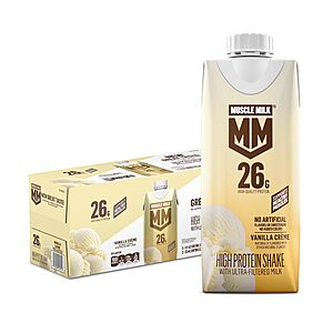Prime, Muscle Milk High Protein Shake, Vanilla Creme, 11 fl oz Cartons (12 Pack) Ultra Filtered Milk, 26g High Quality Protein Shake, $15.54