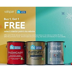 Lowe's, Buy One Get One Free via rebate, 1 to 5 gallon pails of select interior paint