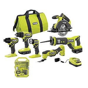 RYOBI ONE+ 18V Cordless 6-Tool Combo Kit with 1.5 Ah and 4.0 Ah Batteries, Charger, and 65-Piece Drill and Impact Drive Kit $223.97