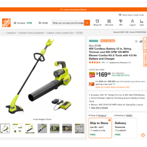 RYOBI 40V Cordless Battery 12 in. String Trimmer and 450 CFM 120 MPH Blower Combo Kit 2-Tools with 4.0 Ah Battery and Charger $169