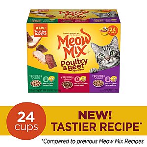 $12.36 S&S CLIP Q Meow Mix Tender Favorites Poultry & Beef Variety Pack, Wet Cat Food, 2.75 oz Cup (24 Pack) AMZ YMMV